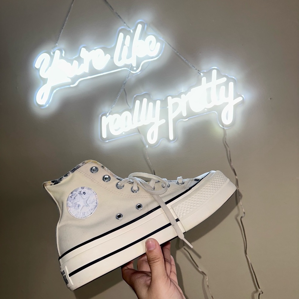 White Floral Converse Platform Shoes